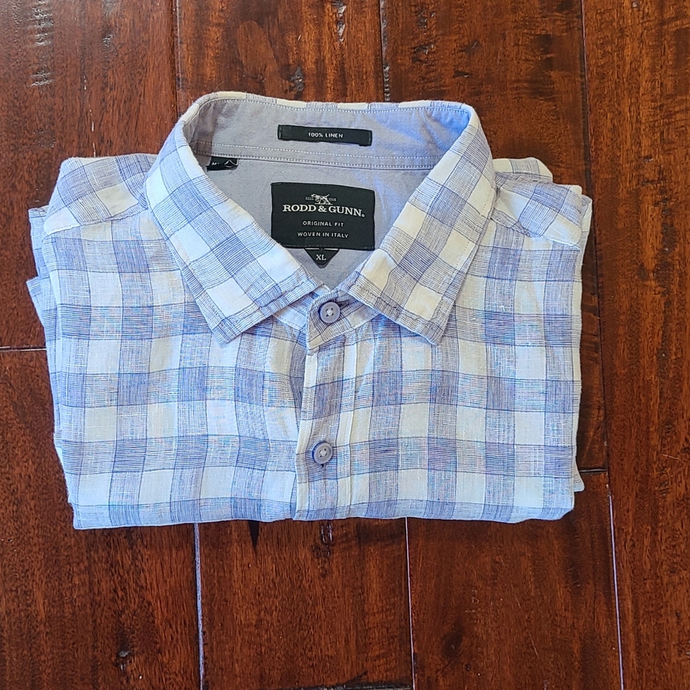 Rodd & Gunn Linen Men's Shirt Size XL Blue Checked Short Sleeve 100% Linen